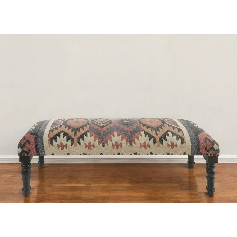 HomeRoots 47 Beige Brown and Rust and Black Jute and Wool Blend Upholstered Southwest Distressed Bench - 47 x 18 x 16