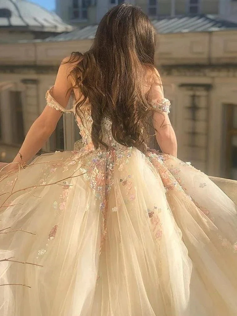 Off Shoulder Long Champagne Lace Champagne Quinceanera Dresses