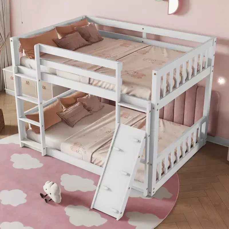 MAYEERTY Twin Over Twin Floor Bunk Bed Playhouse Floor Bunk Bed with Climbing Ramp Ladder Safety Guardrails White