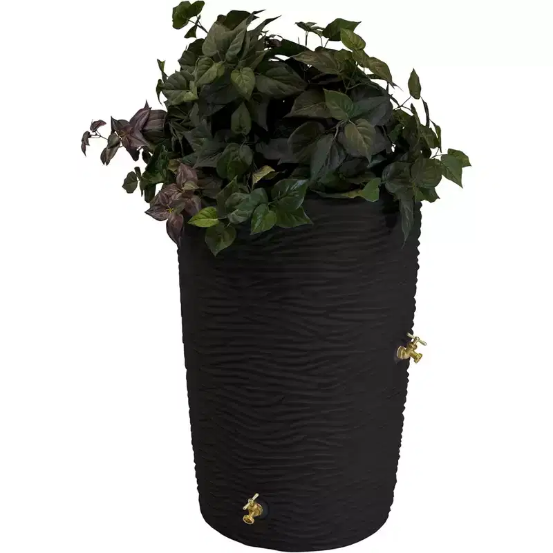 Good Ideas Impressions 50 Gallon Palm Trunk Rain Saver Barrel with 2 Spigots and Rain Wizard Universal Rain Barrel Stand, Adds Room for Buckets