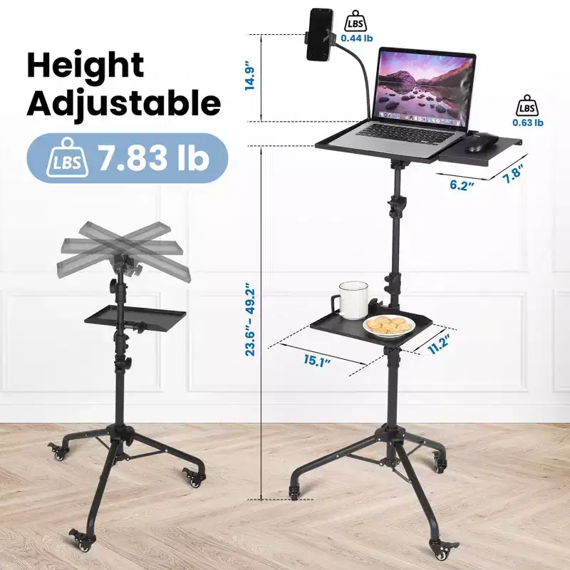 Projector Stand with Wheels, 23 to 49 Inch Adjustable Height Laptop Tripod Stand with Gooseneck Phone Holder, Portable Floor Stand for Office, Stage