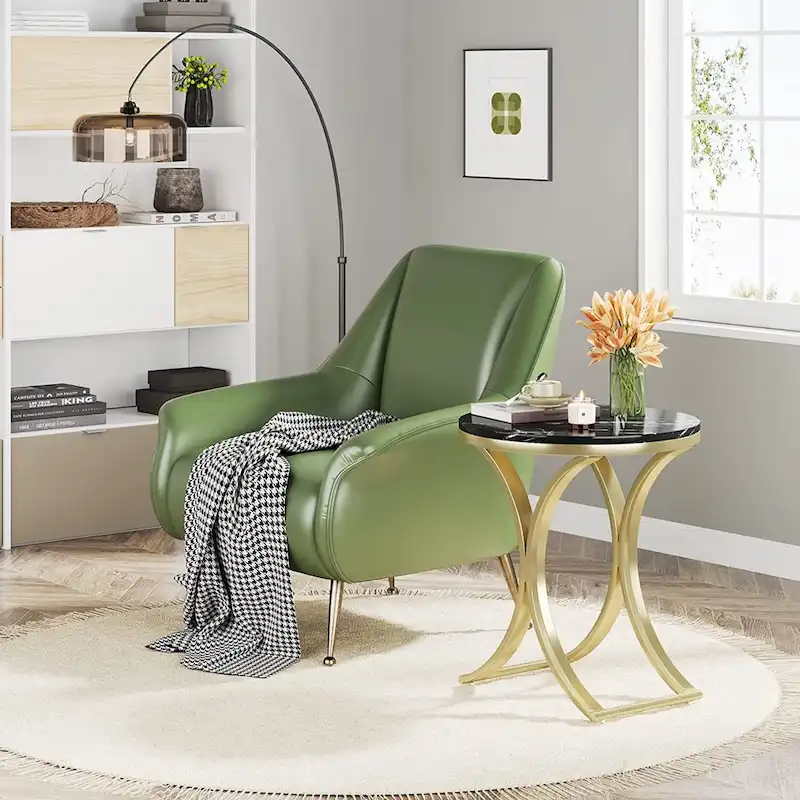 Round Side Table with Faux Marble Top and C-Shaped Metal Legs