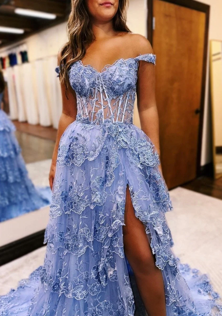 Periwinkle Tulle Appliques Off-the-Shoulder Ruffle Long Prom Dress