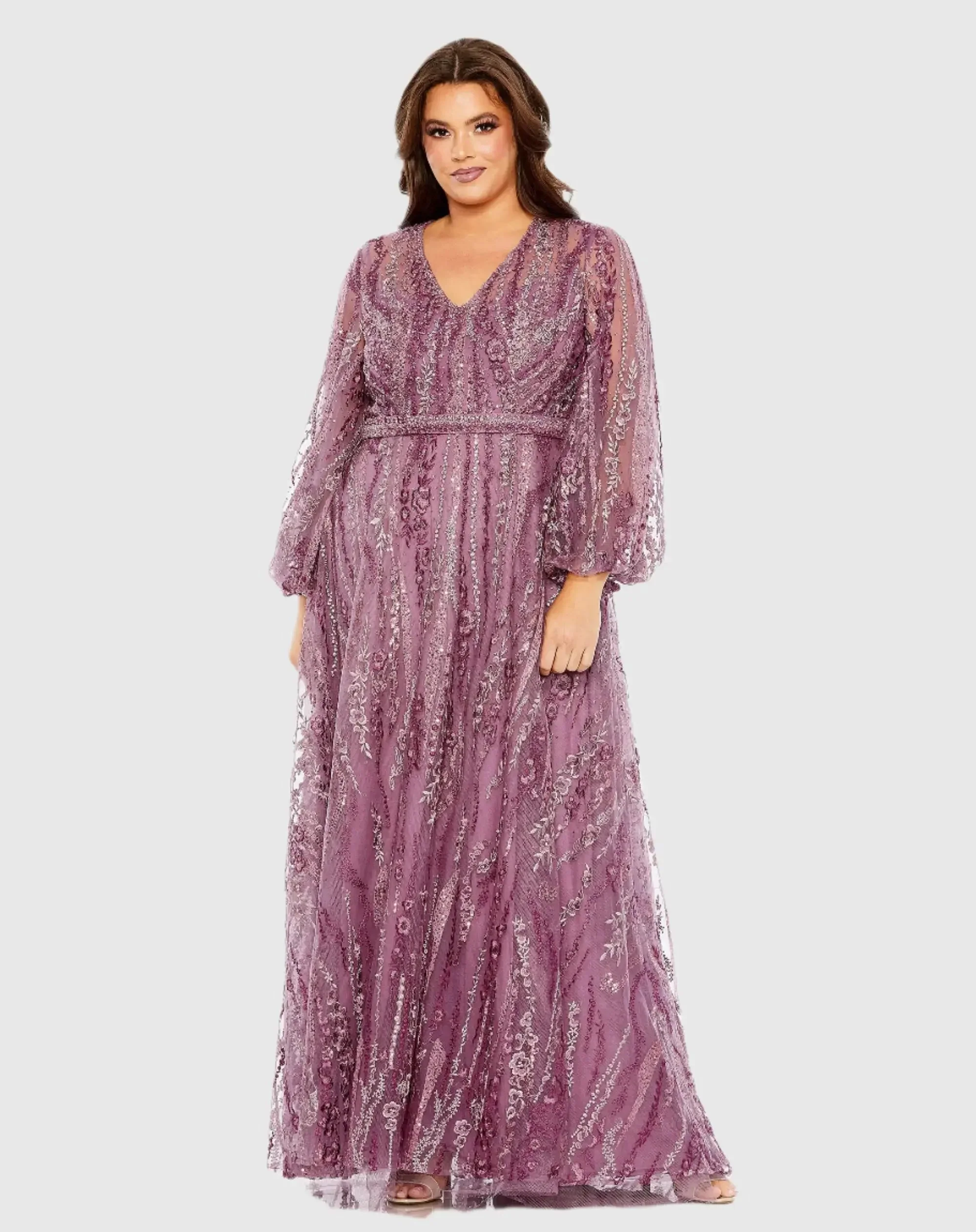 Purple V Neck Puff Sleeve Embroidered A Line Gown (Plus)