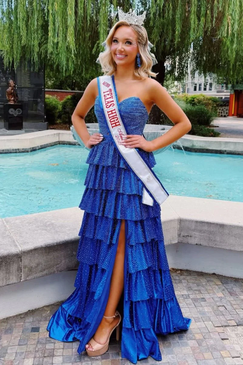 Yellow Strapless A Line Satin Beaded Long Prom Dresses With Ruffles