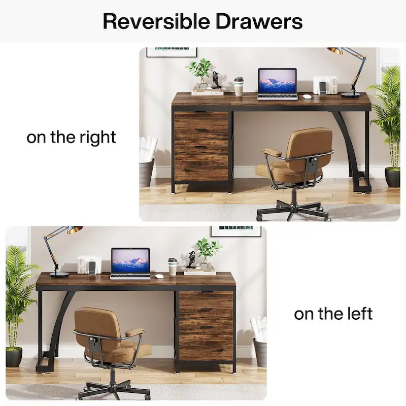 59-inch Wood/ Metal Computer Desk Writing Table with 3 Reversible Drawers