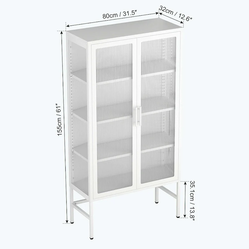 Mint Green/Blue/White/Black Steel Fluted Glass 2-Door Display Cabinet with Adjustable Shelves