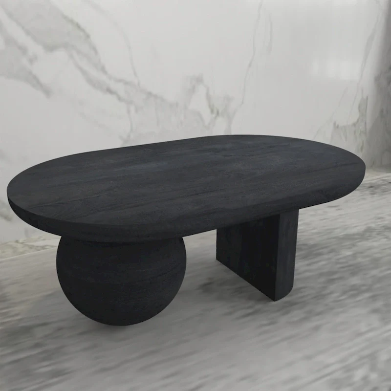 38 Inch Coffee Table, Oblong Mango Wood Top with a Modern Ball Leg