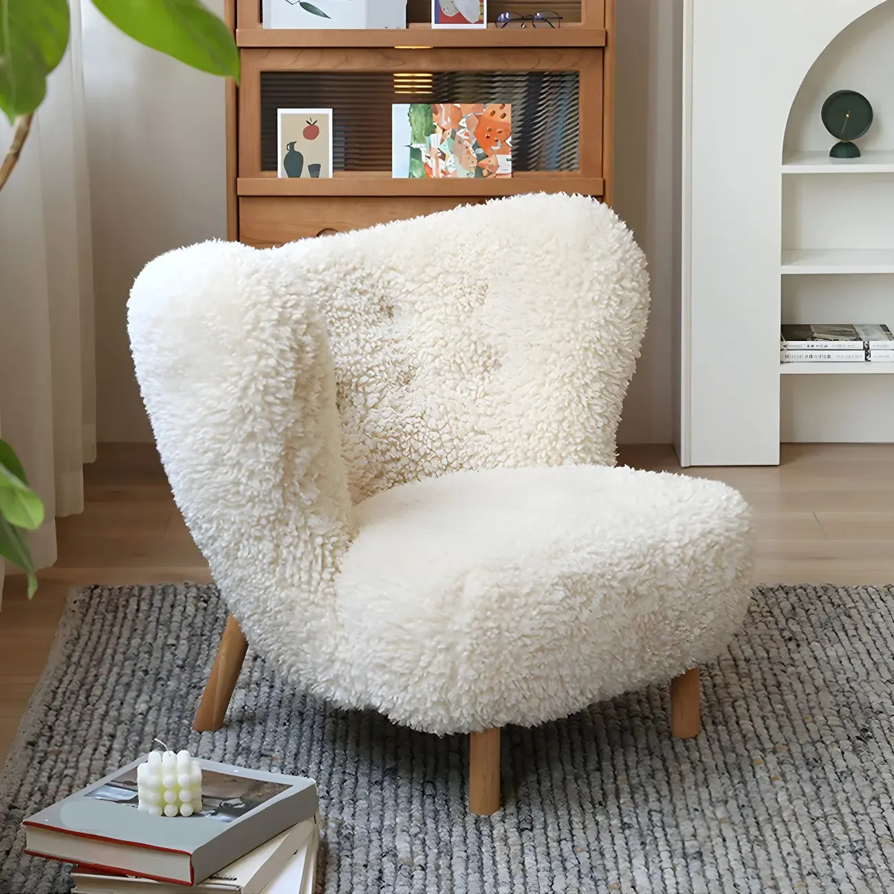 Mid-Century Modern Flannel Accent Chair in Off-White