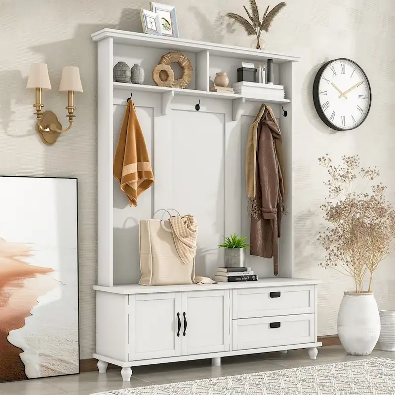 Modern Style Hall Tree with Storage Cabinet and 2 Large Drawers,Widen Mudroom Bench with 5 Coat Hooks