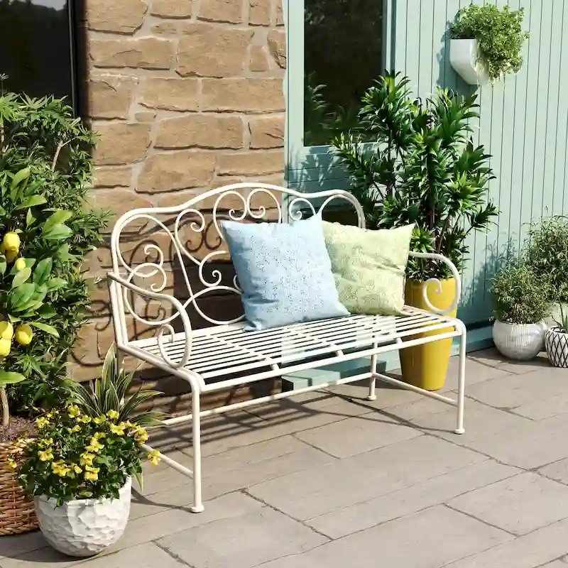 Roomfitters Vintage Metal Garden Bench, Elegant Scrollwork Design, Weather-Resistant Outdoor Loveseat, Antique White
