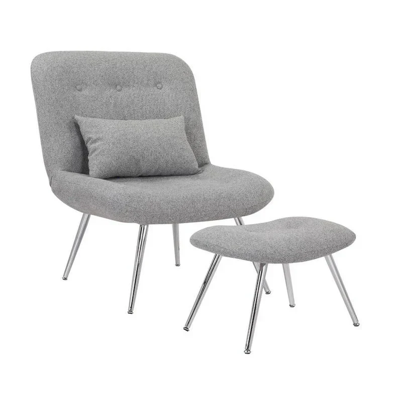 Lea 2pc Modern Lounge Chair and Ottoman Set, Gray Woven Upholstery, Chrome