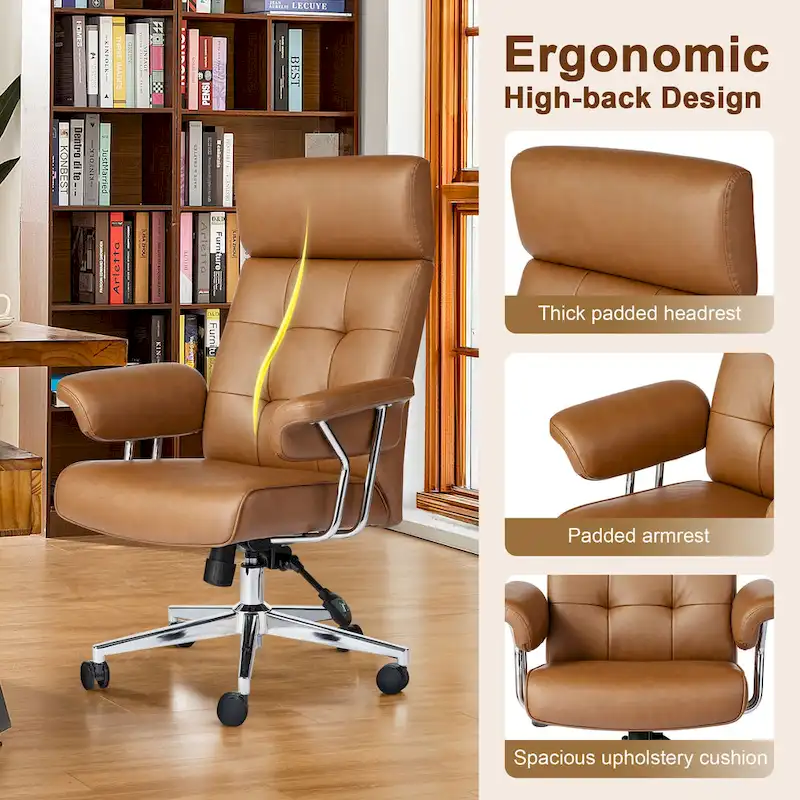 Ergonomic High-Back Office Chair with PU Leather, 360° Swivel, Height Adjustable, Tufted Design