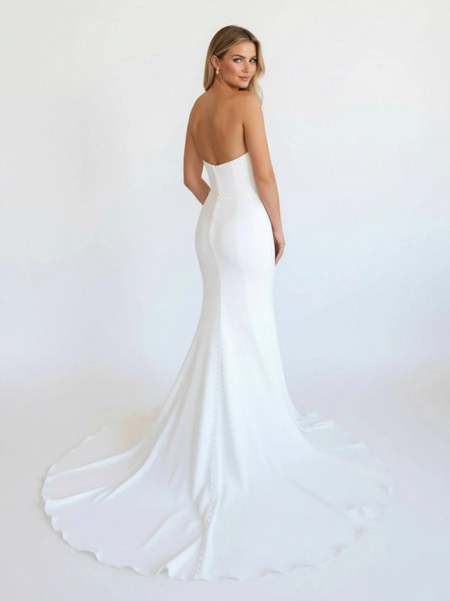 Simple White Boho Mermaid Satin Long Sleeveless Wedding Dress