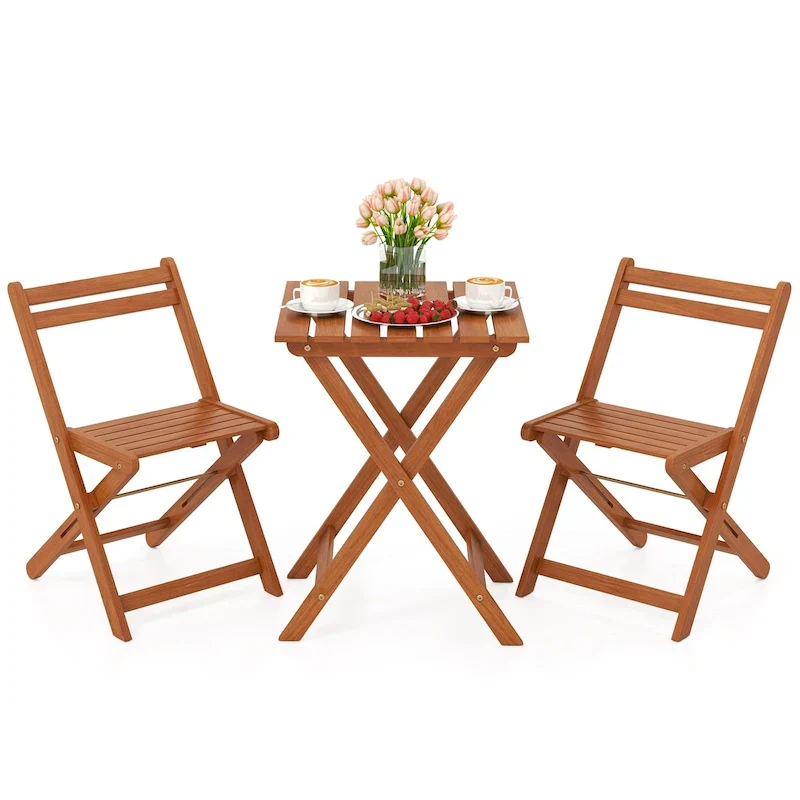 Gymax 3 PCS Outdoor Wood Bistro Set w/ 2 Folding Chairs & Dining Table