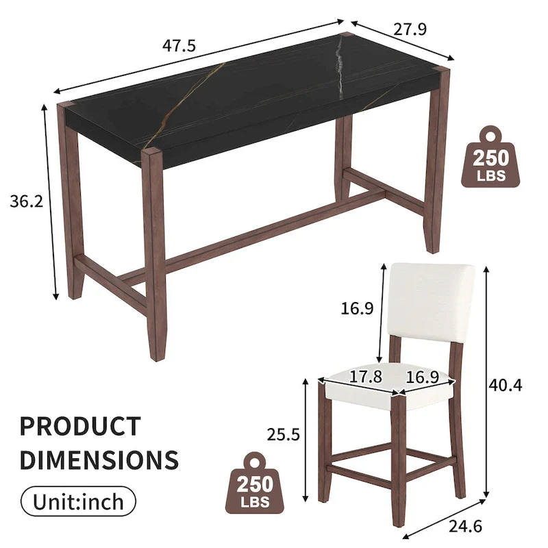 5-Piece Counter Height Dining Table Set, Faux Marble Bar Table and 4 Upholstered-Seat Chairs
