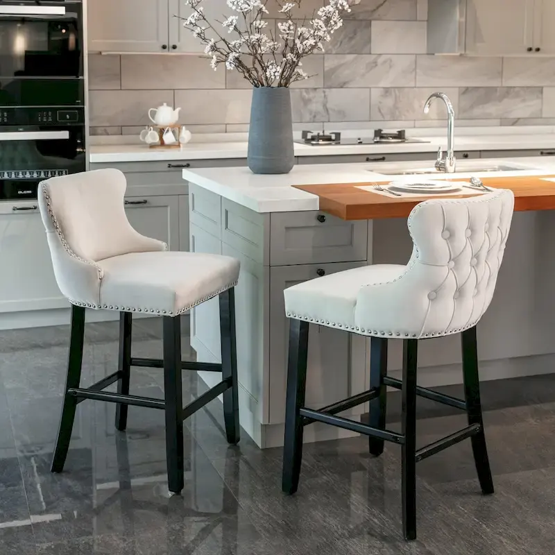 Velvet Wing-Back Barstools with Button Tufting – Set of 2
