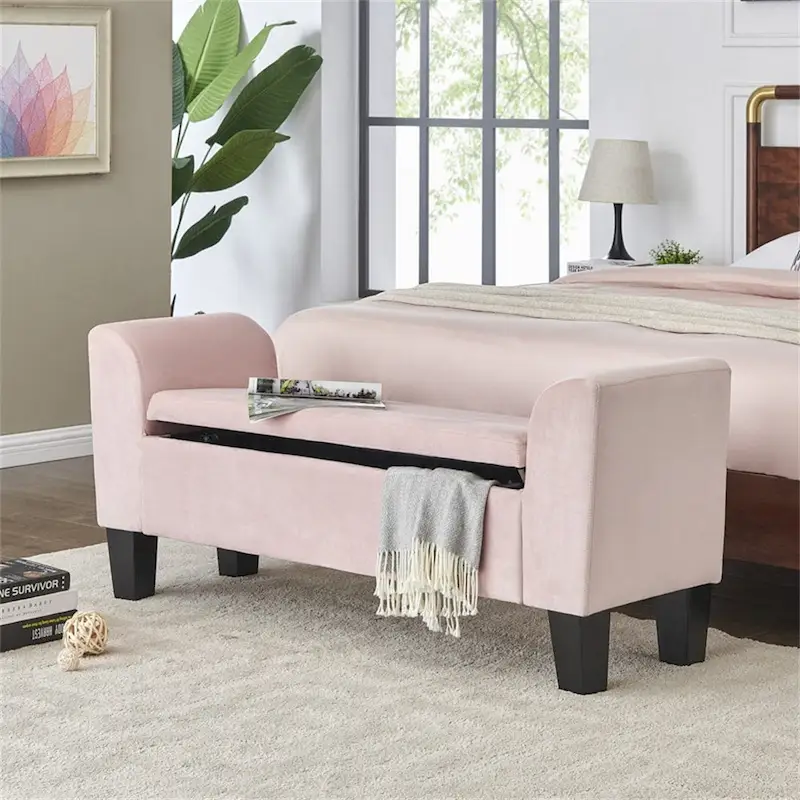 Velvet Ottoman Bench with Storage and Curved Arms