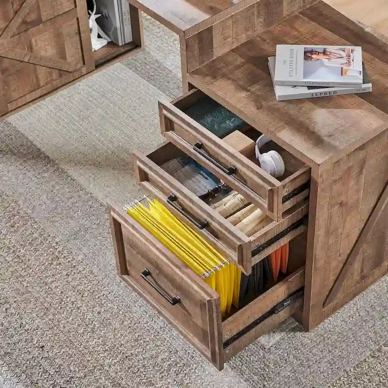 Modern Farmhouse Home Office Desk, Computer Desk with File Cabinet