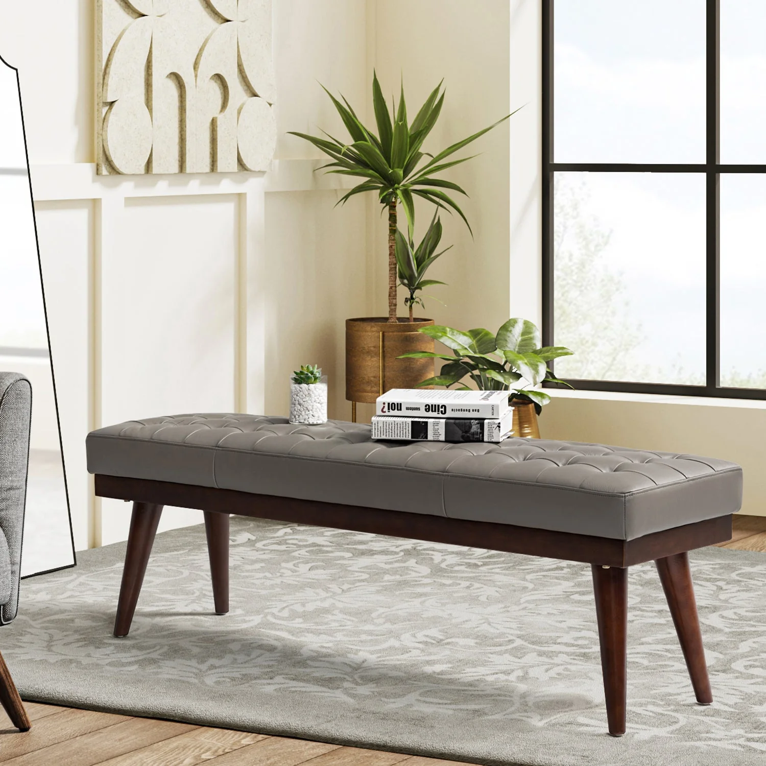 Mid-Century Genuine Leather Tufted Bench with Solid Wood Base | Black / Grey | Single