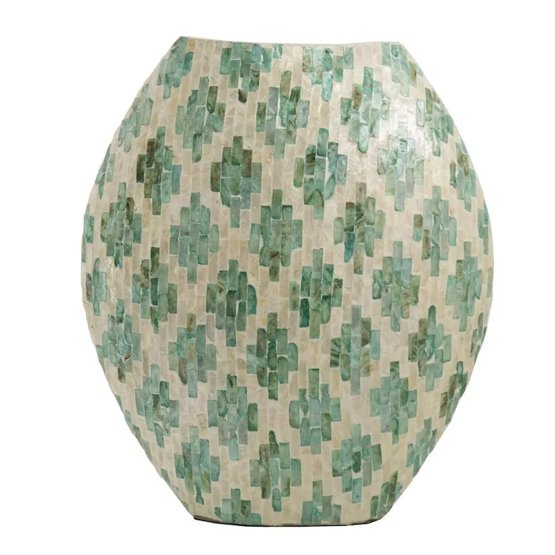 A&B Home Green and Tan Diamond Pattern Capiz Vase