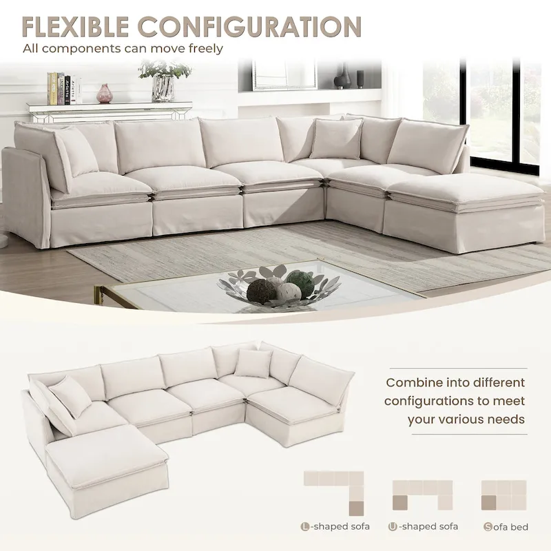 L Shaped Modular Sectional Chenille Sofa with Movable Ottoman