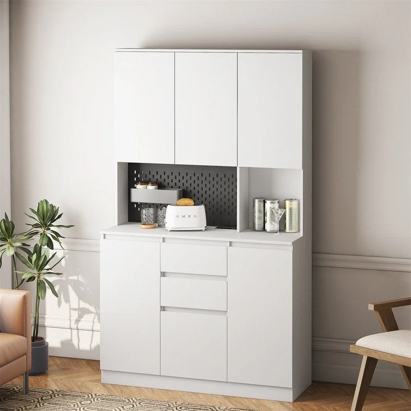 Kitchen Pantry Cabinet with Microwave Stand and 2 Drawers, Freestanding Buffet Cupboards Sideboard with Charging Station