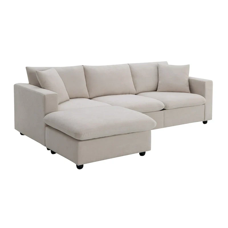L-shaped Modern Sectional Sofa, 2 Free pillows,4-seat Polyester Fabric Couch Set,Ottoman,Beige