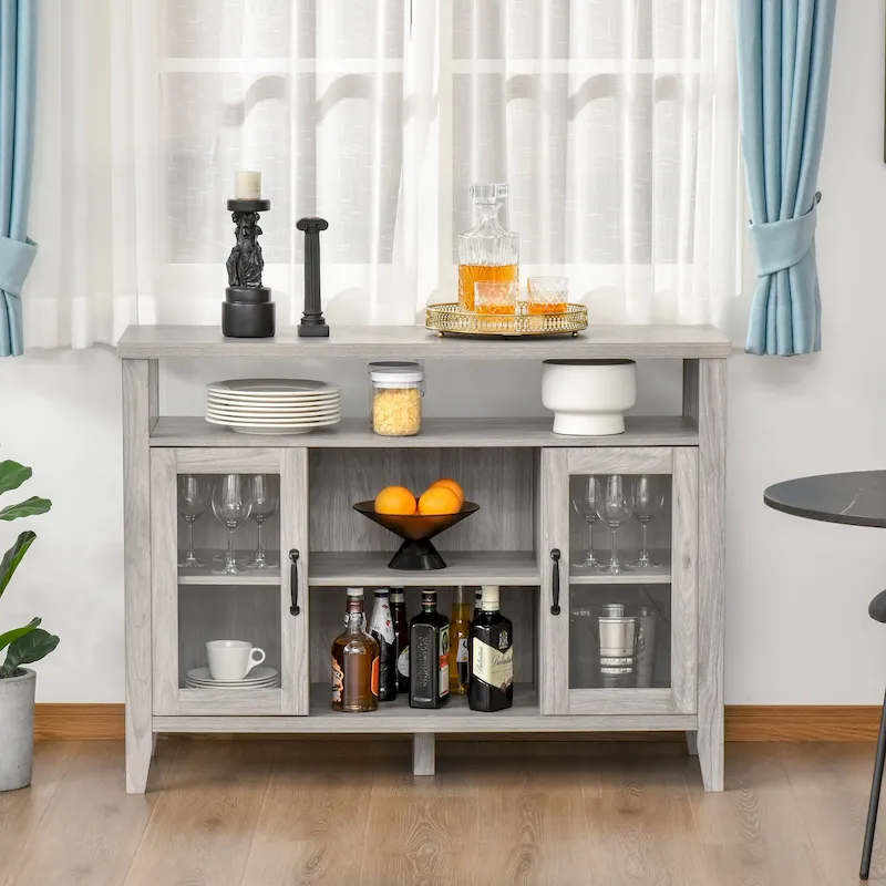 Farmhouse Sideboard Buffet Cabinet 45.75 - 2 Glass Doors, Storage Shelves, White/Grey, 154 lbs Capacity
