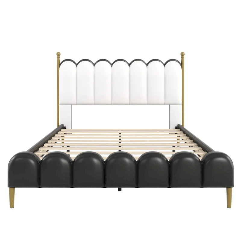Leather Upholstered Bed with Headboard & Footboard, Solid Wood Slats & Legs
