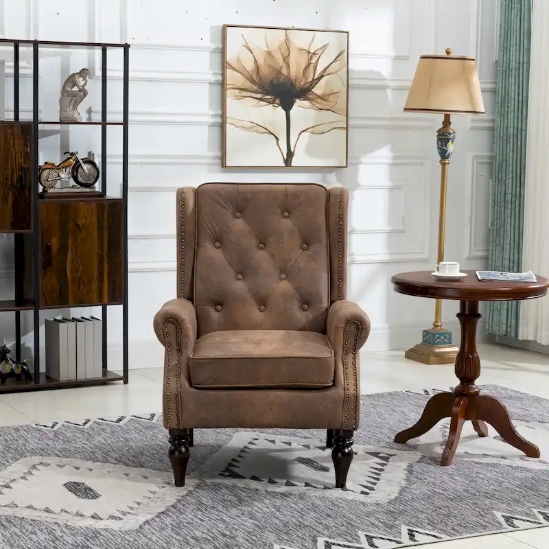 Mid-Century Velvet/Leather Upholstered Tufted Wood Frame Armchair