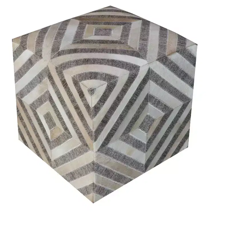 HomeRoots 18 Gray and Beige Hair on Hide Cube Geometric Pouf Ottoman