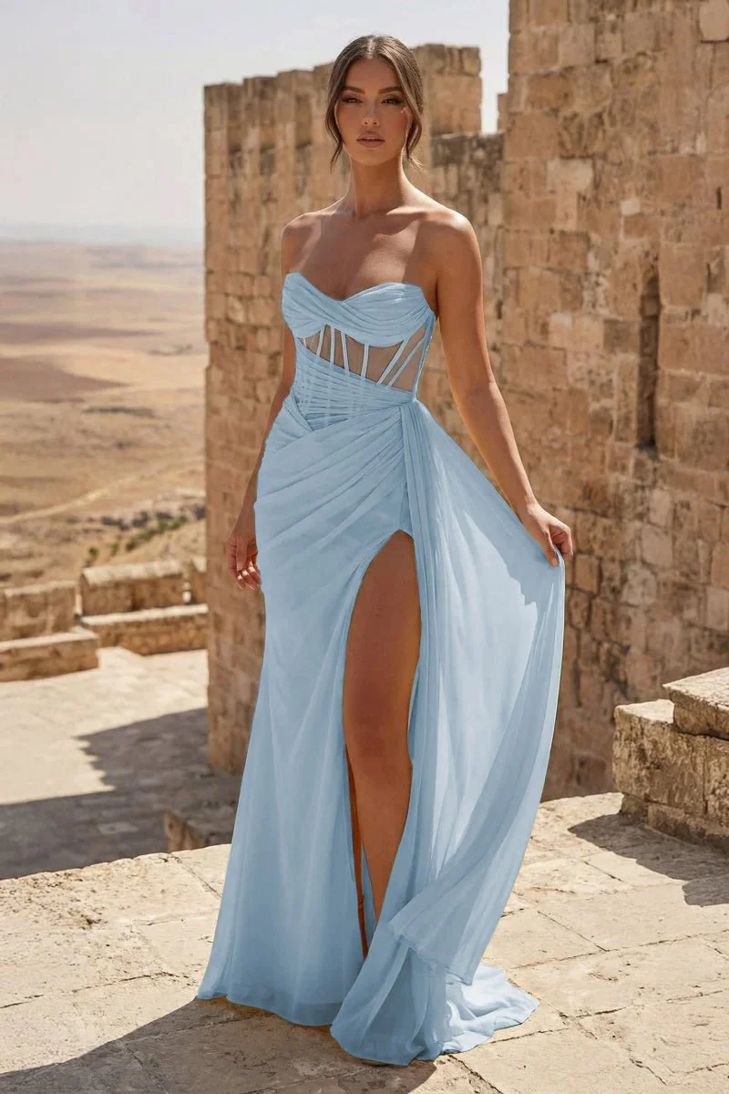 Yellow Strapless Sheath Pleated Long Prom Dresses With Slit