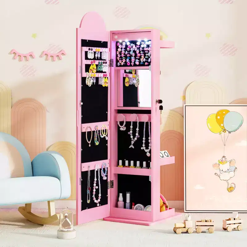 Costway 3 In 1 Kids Jewelry Cabinet w/3-Color Lighted Full Length Mirror Clothes Rack