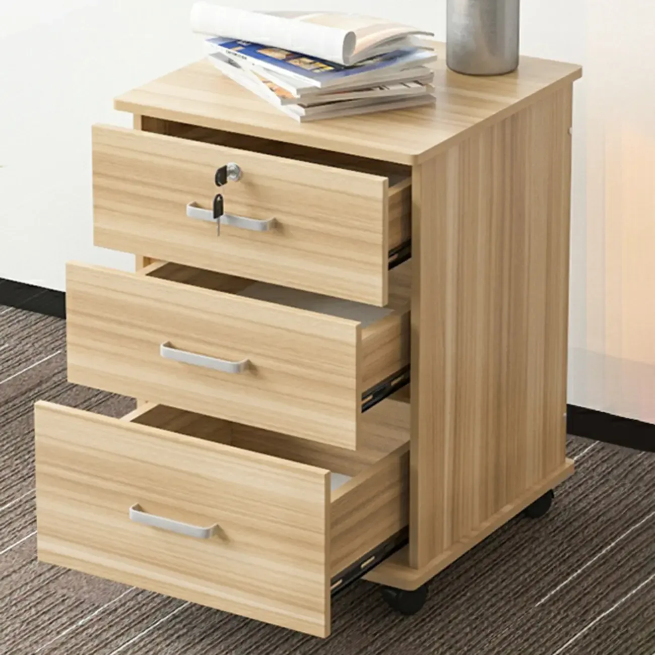 Lokable Brown-White Wood 3 Drawers Mobile Filing Cabinet