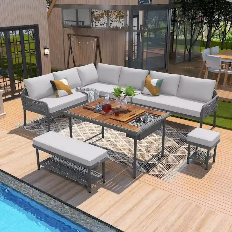 6 Pcs Piece Rope Furniture Set, Outdoor L-Shaped Sectional Sofa Set, Wood Table with Ice Box, Lounge Chair and Rope Bench