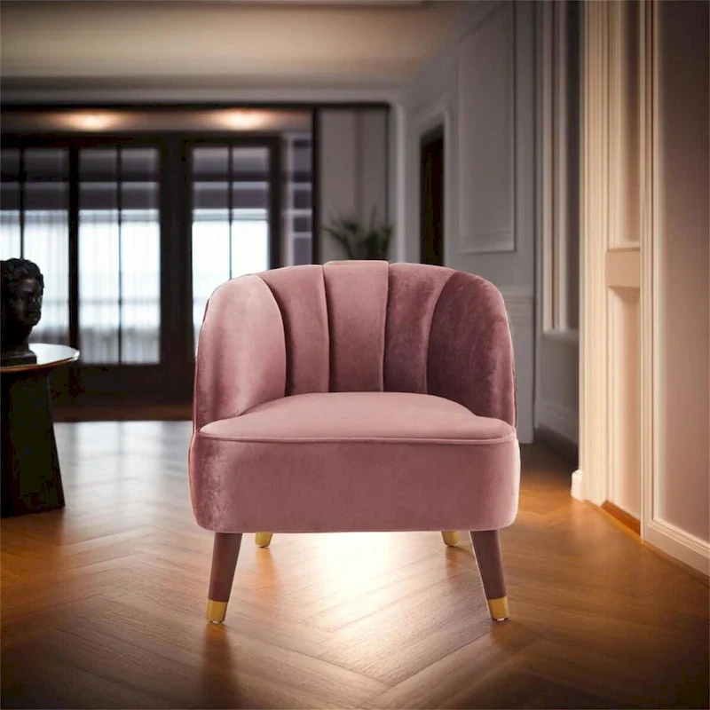 Velvet Barrel Accent Chair with Rubberwood Legs