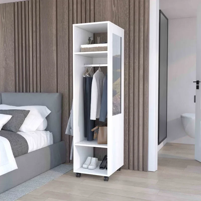 White/Black Single-Door Armoire with Shelves, Hanging Rod & Mirror, 1-Person