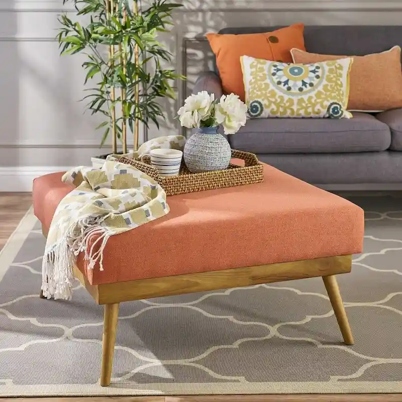 Coral Mid-Century Square Ottoman with Rubberwood Legs by Christopher Knight Home