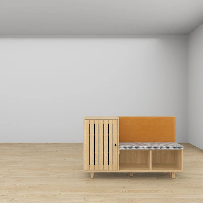 Natural Wood Finish Shoe Cabinet with Houndstooth Bench Seat & PU Backrest – 1-Seat