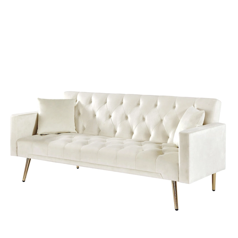 Tufted Upholstered Convertible Folding Sofa Bed Cream White