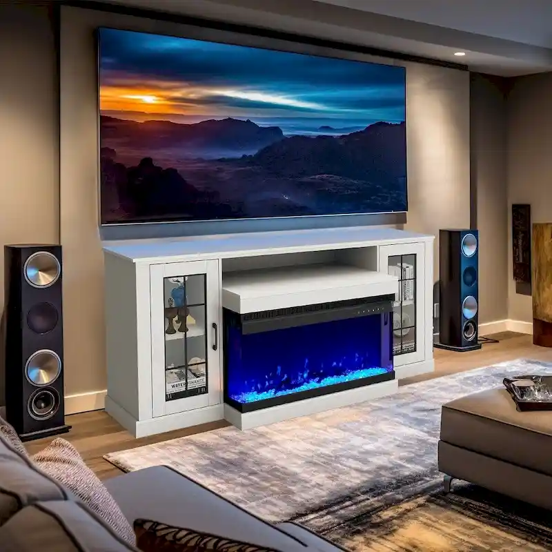 White / Off White TV Stand with Electric Fireplace, Fits up to 80