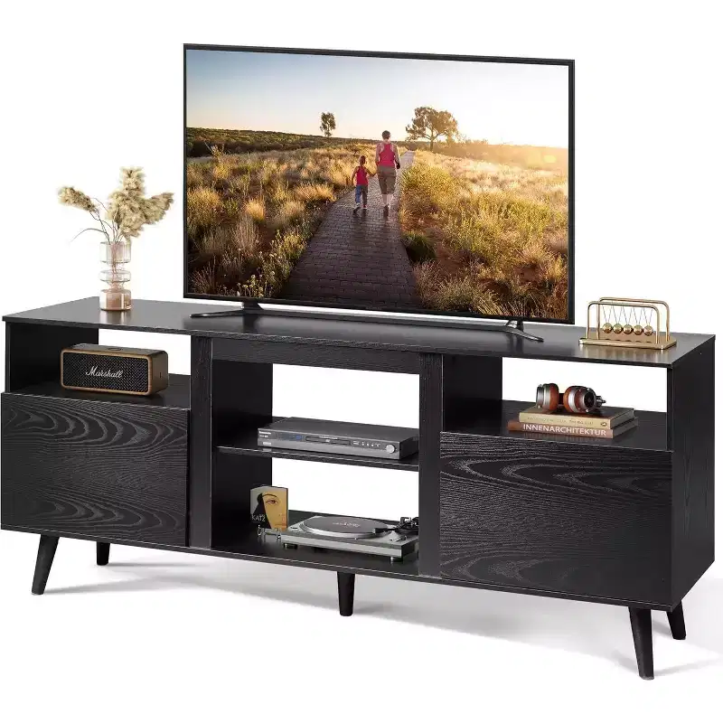 GALAXHERO Mid-Century Modern TV Stand for 65 TV, TV Console Cabinet, Open Shelves Entertainment Center for Living Room and Bedroom, Black