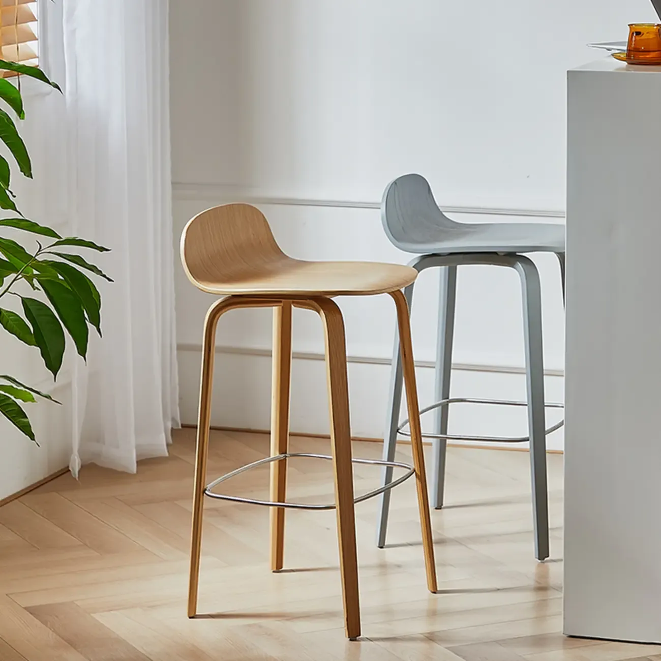 Minimalist Wooden Bar Stools with Footrest for Kitchen