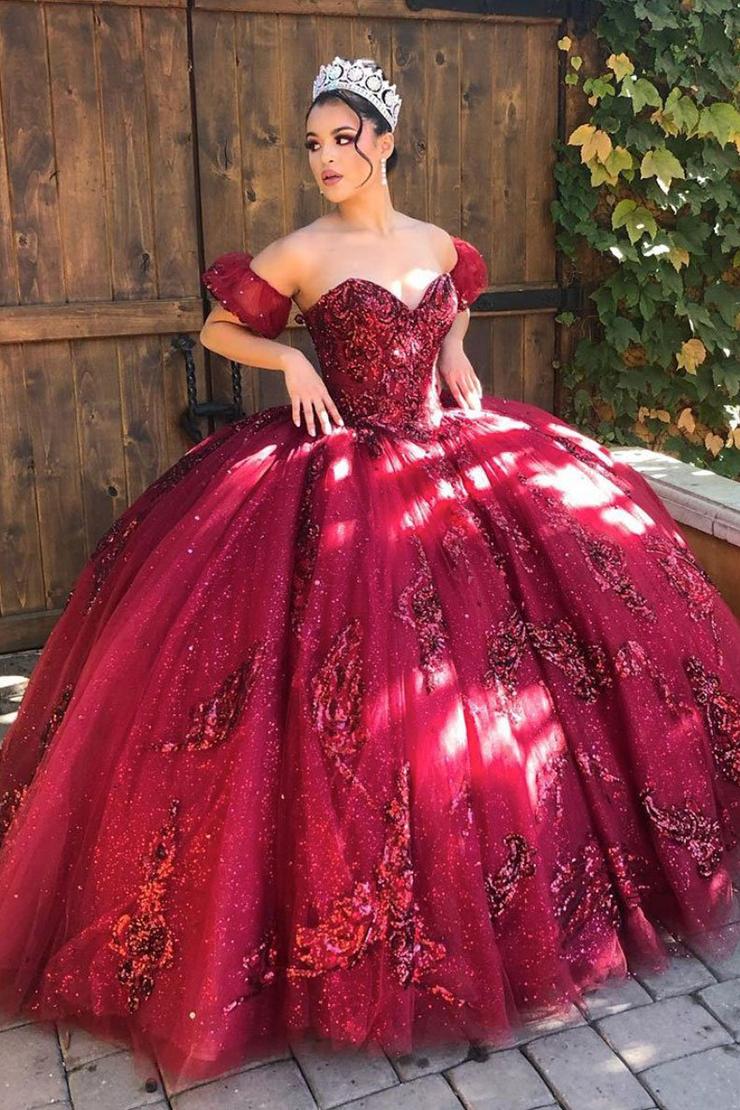 Quinceanera Dress Burgundy Off Shoulder Tulle Lace Long Prom Dresses