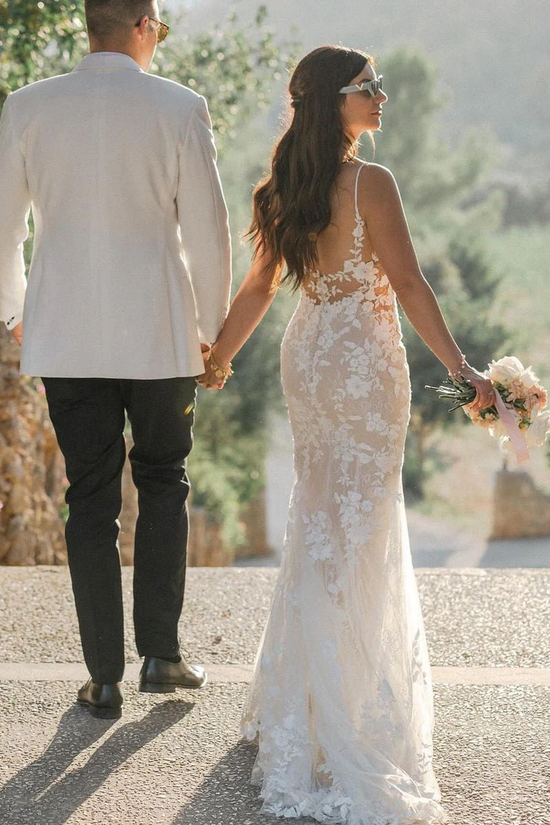 Mermaid V Neck Tulle Lace Sleeveless  Ivory Wedding Dresses