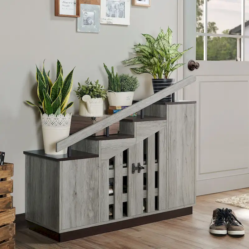 Reclaimed Oak/Natural Oak/Vintage Grey 9-Shelf Ladder Shoe Cabinet, 1-Person
