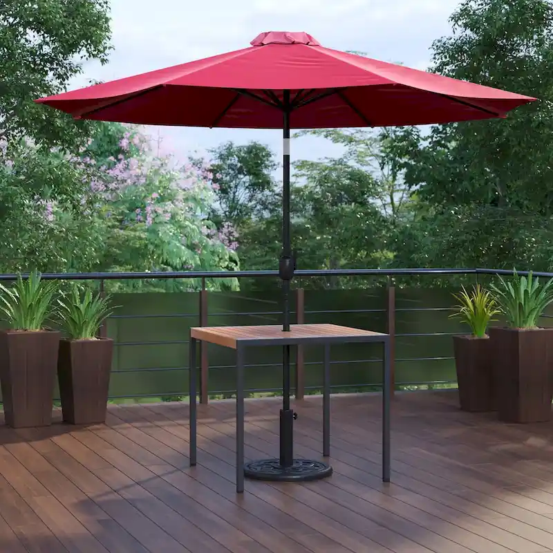 Black Steel Framed 35 Square Faux Teak Patio Table-Tan 9FT Patio Umbrella-Base