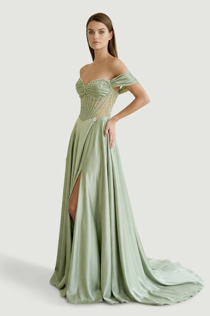 Sage Off The Shoulder A Line Satin Beaded Prom Dresses With Slit