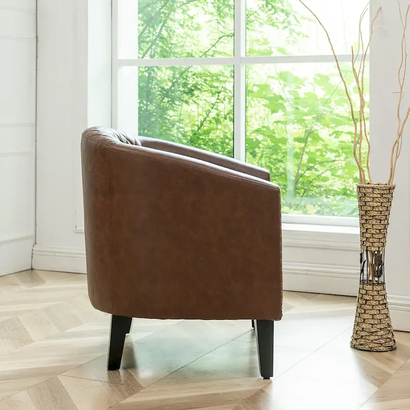 KINWELL PU Leather Tufted Barrel Chair Club Armchair with Nailheads